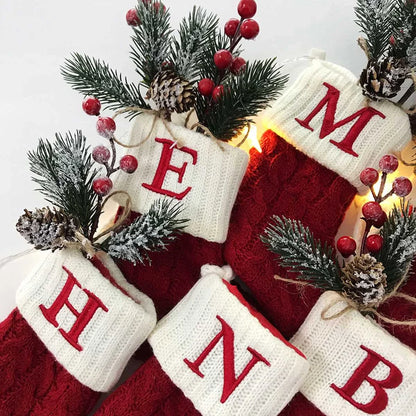 Christmas Stockings with Initials, 7.1 Inches Small Embroidered Letter Knit Red White Christmas Stocking, Holiday and Family Stocking for Fireplace Christmas Holiday Party Decoration.