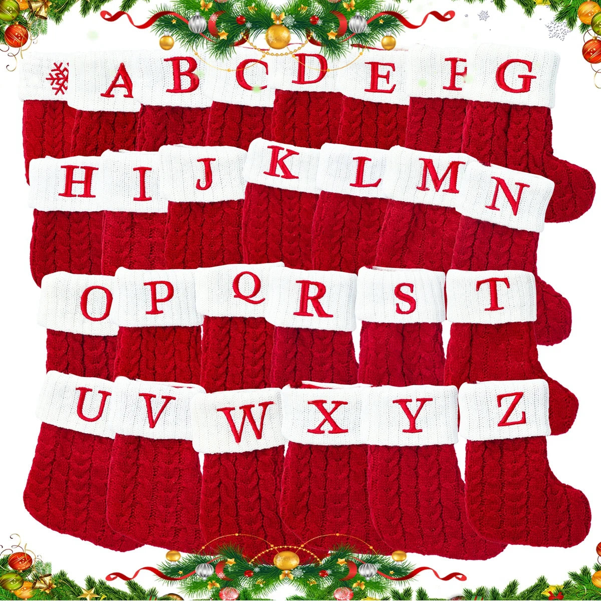 Christmas Stockings with Initials, 7.1 Inches Small Embroidered Letter Knit Red White Christmas Stocking, Holiday and Family Stocking for Fireplace Christmas Holiday Party Decoration.