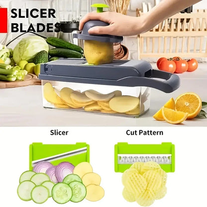 Multifunctional Veggie Chopper with 8 Blades and Container for Onions, Carrots, and Garlic.