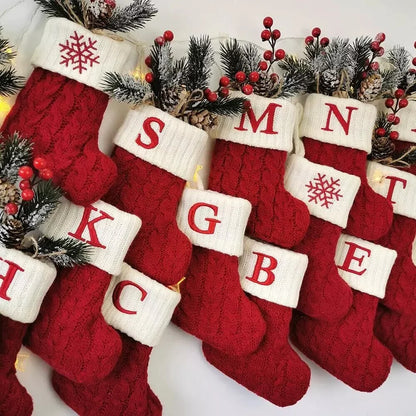 Christmas Stockings with Initials, 7.1 Inches Small Embroidered Letter Knit Red White Christmas Stocking, Holiday and Family Stocking for Fireplace Christmas Holiday Party Decoration.