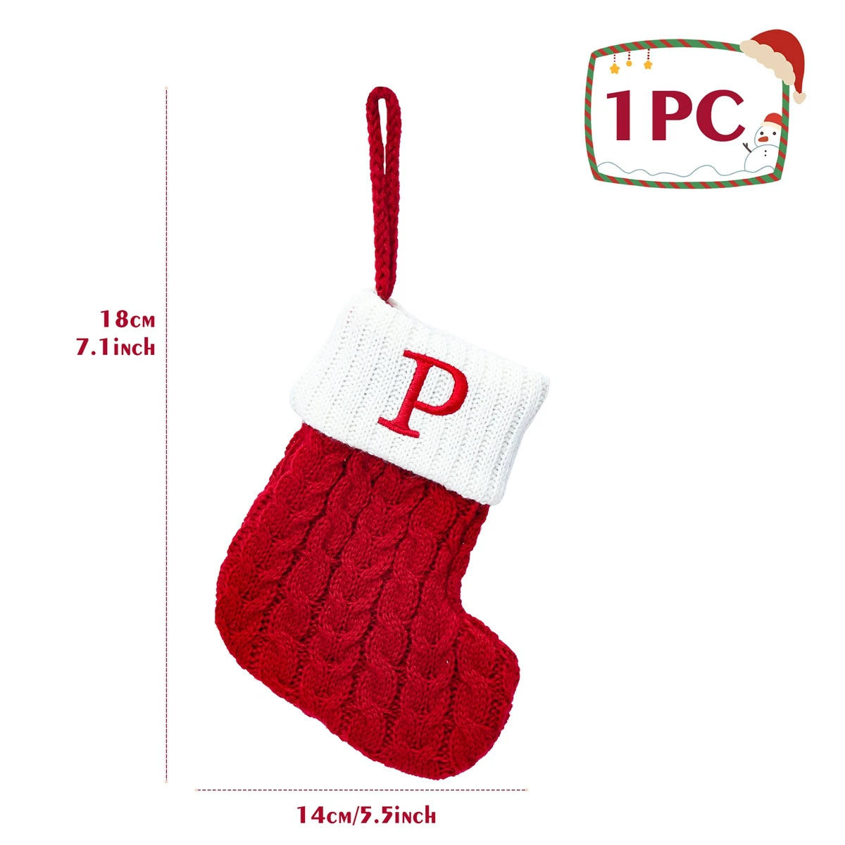 Christmas Stockings with Initials, 7.1 Inches Small Embroidered Letter Knit Red White Christmas Stocking, Holiday and Family Stocking for Fireplace Christmas Holiday Party Decoration.