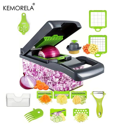 Multifunctional Veggie Chopper with 8 Blades and Container for Onions, Carrots, and Garlic.