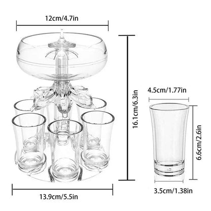 Adjustable Shot Glass Dispenser with 6 Clear Drinking Glasses.