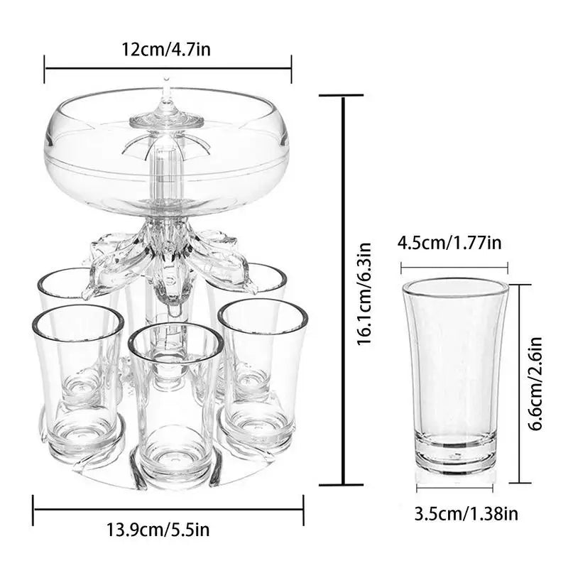 Adjustable Shot Glass Dispenser with 6 Clear Drinking Glasses.