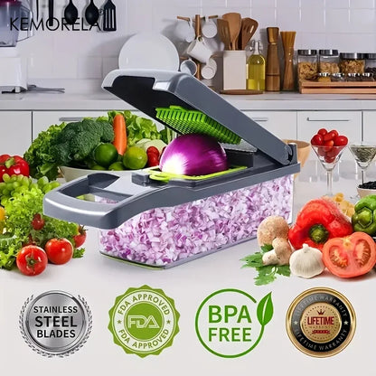 Multifunctional Veggie Chopper with 8 Blades and Container for Onions, Carrots, and Garlic.