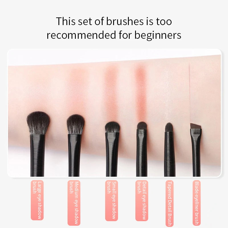 Eyeshadow Brush 6 Piece Set: Blending, highlighter, concealer, eyeliner brushes.