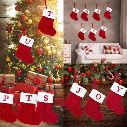 Christmas Stockings with Initials, 7.1 Inches Small Embroidered Letter Knit Red White Christmas Stocking, Holiday and Family Stocking for Fireplace Christmas Holiday Party Decoration.